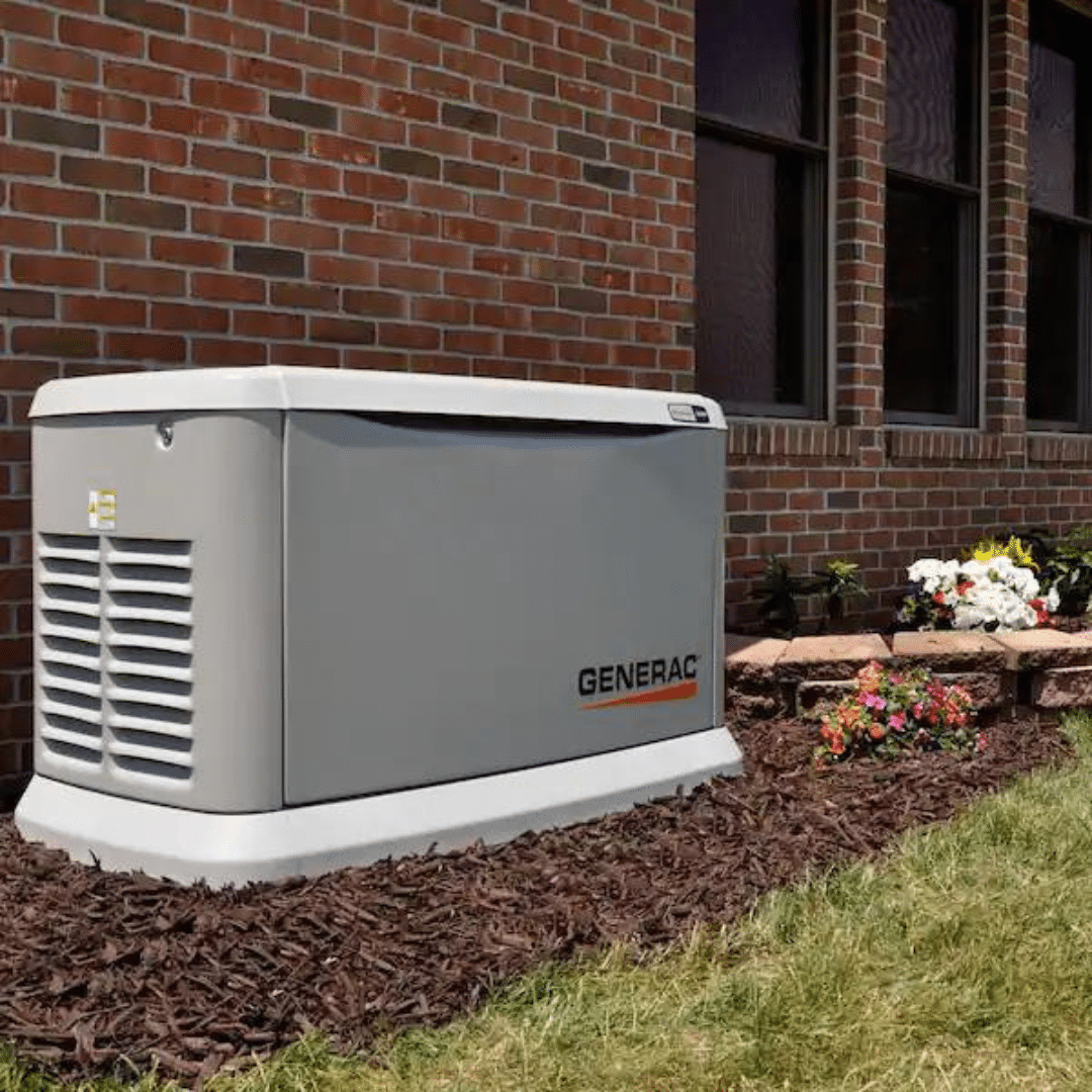 Standby generator system installed outside brick building